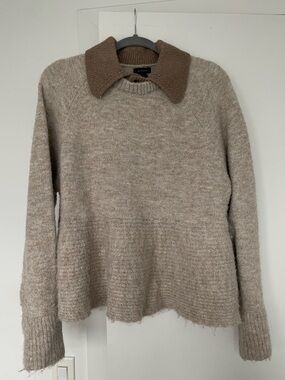 Halogen Cream Knit Peplum Sweater with Bell Sleeves and Collar
